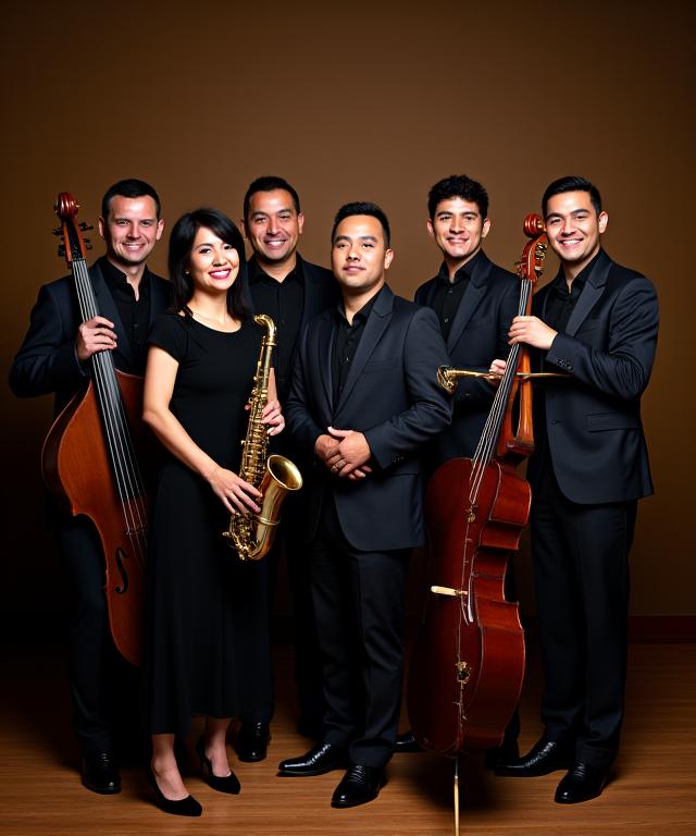 Retrato de los miembros de la banda Jazz Viajeros posando con sus instrumentos, con una iluminación cálida y profesional.