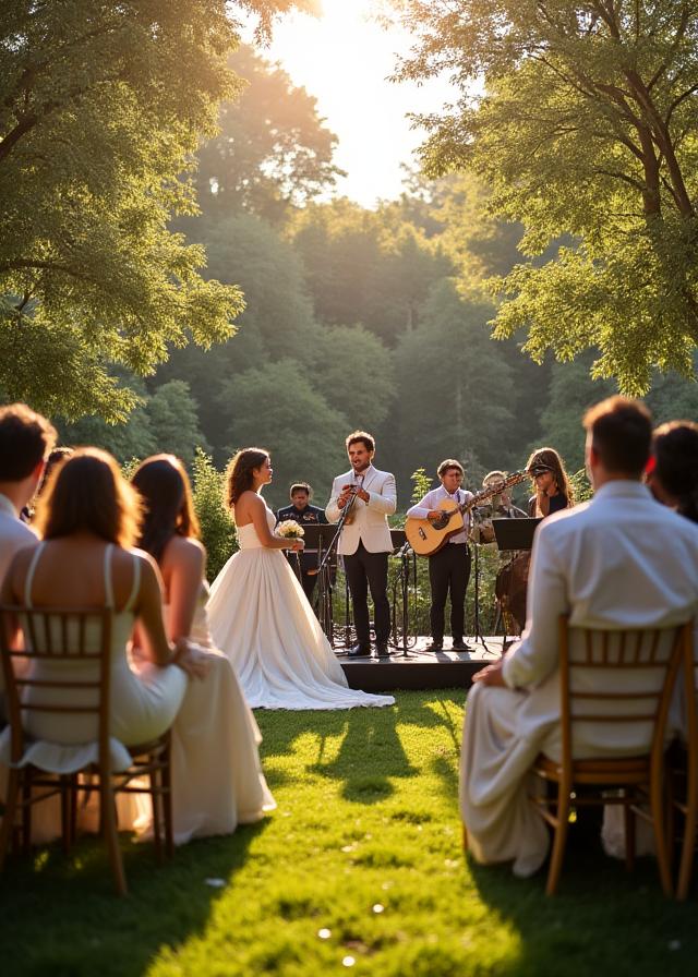 Banda Jazz Viajeros actuando en una boda al aire libre en un jardín, con la pareja de novios escuchando atentamente.