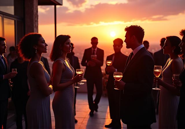 Invitados vestidos elegantemente disfrutando de un cóctel en una terraza al atardecer, con la silueta de los músicos de Jazz Viajeros de fondo.