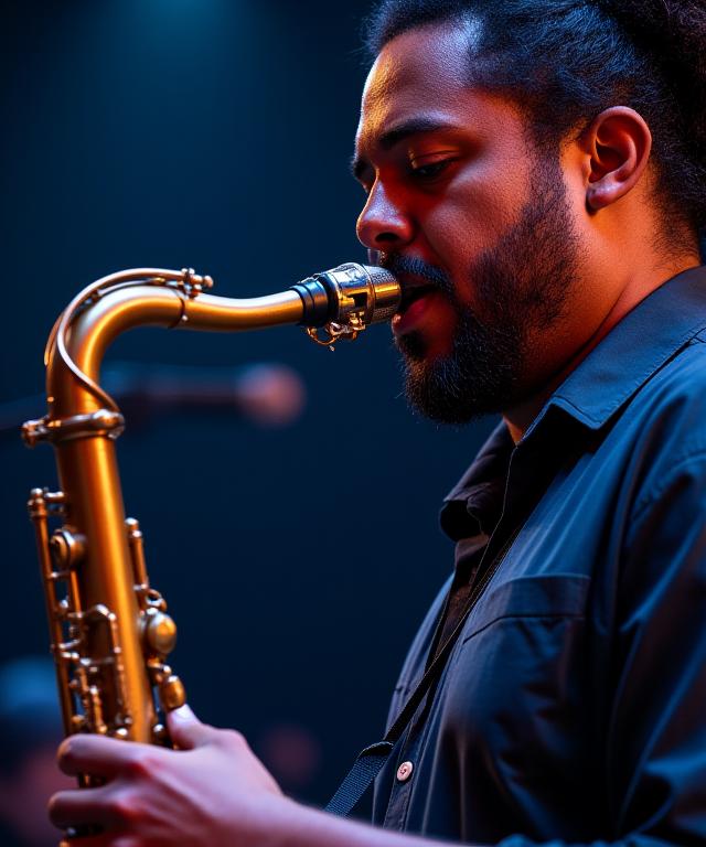 Primer plano del saxofonista de Jazz Viajeros en plena actuación, con su expresión concentrada y el instrumento brillando bajo la luz.