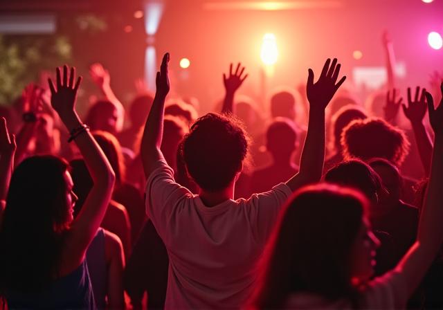 Un público entusiasta levantando las manos y aplaudiendo con alegría en una fiesta privada, reflejando el éxito de la actuación de la banda.