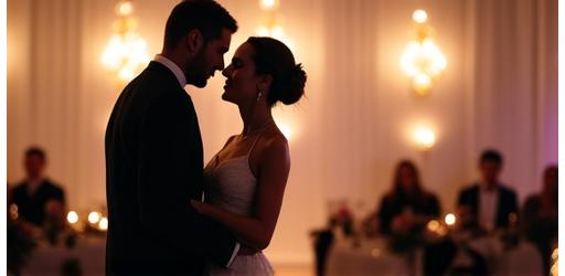 Una pareja de recién casados bailando lentamente en un salón elegante, con una suave iluminación que sugiere música en vivo de fondo.