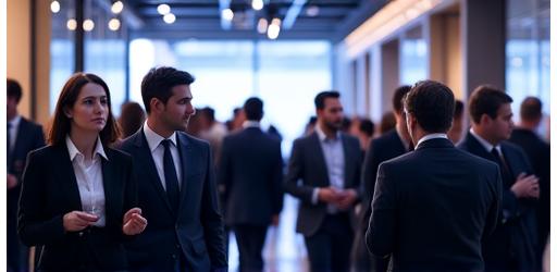 Profesionales en un evento corporativo de noche, intercambiando tarjetas y conversando en un ambiente sofisticado y concurrido.