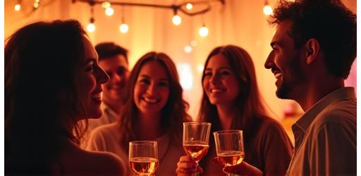 Un grupo de amigos sonriente, brindando y disfrutando de una fiesta privada en un salón con luces cálidas, y un músico de jazz discretamente en el fondo.